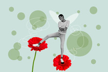 Composite Sketch Artwork Photo Surreal Collage Of Black White Silhouette Young Lady Dance On Two Huge Red Gerbera Flowers Spring Season