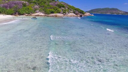 Sticker - Grand Sister Island close to La Digue, Seychelles. Aerial view of tropical coastline on a sunny day