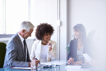 Wall Mural - Corporate, employees and discussion in conference room for strategy or collaboration for planning, partnership and conversation. Boardroom, business people and reports for b2b meeting for company.