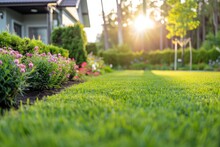 Beautiful Manicured Lawn And Flowerbed With Deciduous Shrubs On Private Plot And Track To House Against Backlit Bright Warm Sunset Evening Light On Background. Soft Focusing In Foreground.