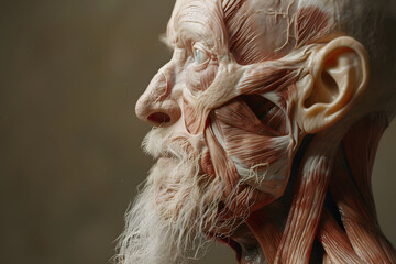 Wall Mural - Side view old man closeup face. Human anatomy, skin and muscles