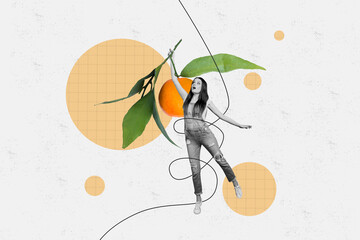 Poster - Collage picture of mini black white colors girl fly hang tied string arm hold big tangerine branch leaves ripe isolated on drawing background