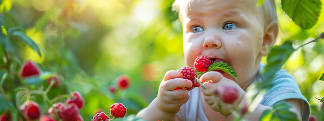 Wall Mural - the baby eats raspberries on the background of the garden