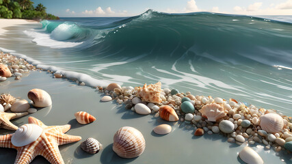 Seashells on the shore and sea waves