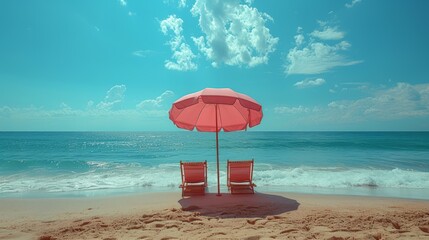 Beach chairs and pink umbrella on the tropical beach