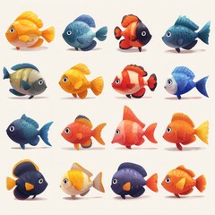 Wall Mural - Collection of colorful fish isolated on white background. Set of fish icons