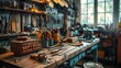 Artisan shoemaker's workspace with tools and leather on wooden bench