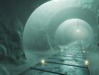Minimalist 3D CG of an underground sanctuary of consciousness with steel pathways leading through a misty ecosystem of cotton and tinctures