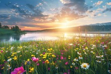 Beautiful Summer Spring Natural Landscape With Lake And Wildflowers At Sunset.