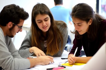 Teamwork in the classroom. A group of Teenage students working together on a project, discussing ideas