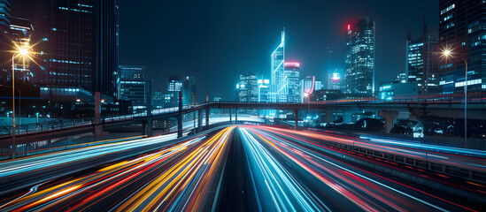 Wall Mural - Abstract cityscape background featuring a night highway with illuminated road lights, capturing the motion of traffic. The image has a long exposure, creating a dynamic and blurred effect.