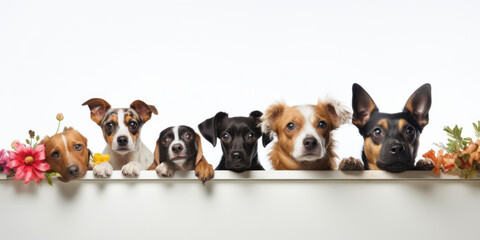 Wall Mural - A group of dogs peek behind a board decorated with flowers on a white background.