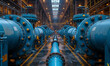 Large metal pipes and blue water tanks in power plant
