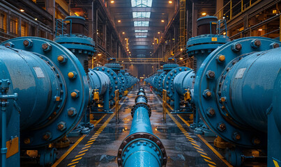 Wall Mural - Large metal pipes and blue water tanks in power plant