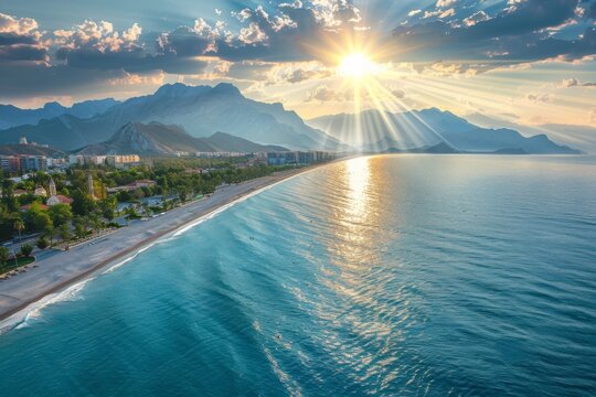 Beautiful wide panorama of beach in Turkish resort Antalya. White line surf separates calm turquoise sea and Konyaalti beach with green parks and chain mountains in rays of evening sun at sunset