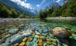 clear alpine stream with smooth pebbles visible, Generative AI 