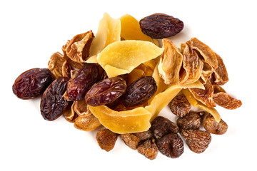 Poster - Mixed dried fruits, dried mango, dates, figs, dried persimmon, isolated on white background.