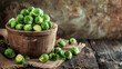 Fresh Brussels Sprouts in Rustic Wooden Bowl on Textured Background