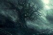 A dark and ominous tree with gnarled branches stands on the edge of an abyssal chasm in a dark fantasy world, grey sky