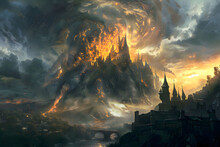  A Fantasy City Being Destroyed By An Erupting Volcano, With The Sky Full Of Dark Clouds And Yellow Fire Coming From Under Them, Gothic Architecture