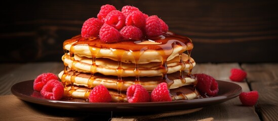 Canvas Print - A delicious dessert dish of pancakes topped with fresh raspberries and syrup, a staple food in many cuisines. A delectable treat perfect for any time of day