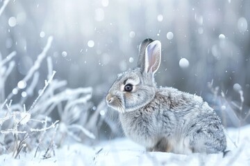 Cute gray hare in a beautiful snowy winter forest.