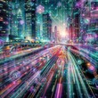City at night with light trails: Capture the energy of a bustling metropolis with this image of a cityscape at night, illuminated by long exposure light trails and colorful hexagons.