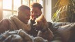 Affectionate gay couple cuddling on a cozy sofa with their adorable dog at home