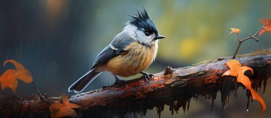 Poster - A small songbird with a mohawk perches on a tree branch, its colorful feathers and distinctive beak catching the sunlight as it chirps happily