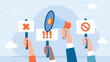 Protest with protesters hands holding megaphone, banners. Strike, revolution, conflict. Crowd of protesters people. People with banners and megaphones. Revolution or protest. Flat illustration