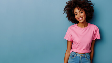Wall Mural - Afro woman wear pink casual t-shirt smile isolated