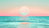 Fototapeta Tulipany - A tranquil turquoise ocean stretching to the horizon within the light pink circle, its azure waters reflecting the golden hues of the setting sun.