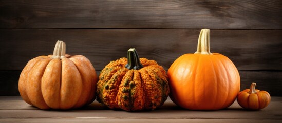 Sticker - Four pumpkins, a type of calabaza squash, are displayed in a row on a wooden table. This natural food is a staple vegetable and whole food produce