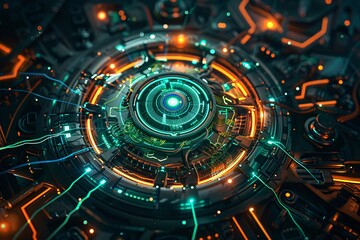 Wall Mural - Glowing Circuit Board with Neon Lights and Tech Trends Generative AI