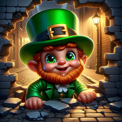 Leprechaun Broken Hole 3D Background HD image, cute Leprechaun character Design with green costume.