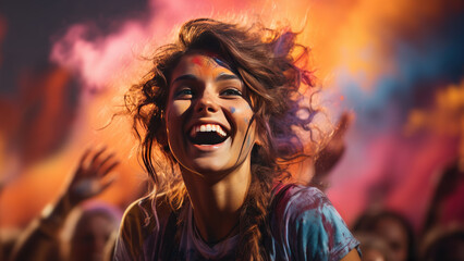 Wall Mural - Happy Woman with colorful face enjoy at holi color festival, There is empty space for text on the top of the photo,