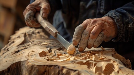 Wall Mural - Sculptor hand working with wood carving with chisel making sculpture.