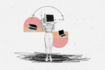 Wall Mural - Creative photo collage standing young woman headless computer monitor instead face internet wireless connection remote work