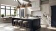Elegant Navy Island Kitchen with Brass Pendant Lights and Chic Seating in a Light-Filled Space