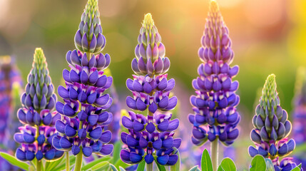 Wall Mural - Field with blooming purple lupines. Floral background.