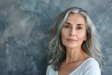 A woman with gray hair is standing in front of a wall