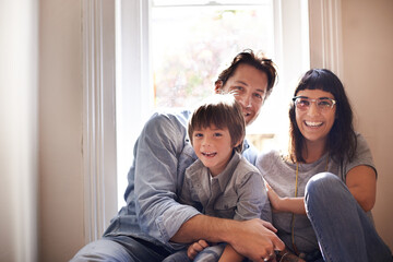 Wall Mural - Portrait, mother or father with child in home, house or apartment for support, care or love. Happy boy, mom or dad on floor with kid to enjoy family vacation, holiday or relax together in England