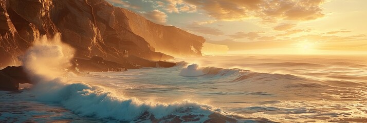 Wall Mural - Seascape of ocean waves crashing into cliff rock on shoreline.