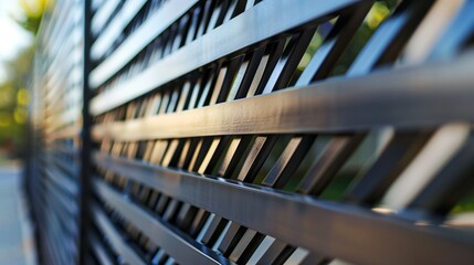 A modern panel fence in anthracite color. Grey metal corrugated fence in front of a residential building. Texture of profiled metal.