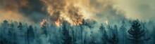 Wide Panoramic View Of A Forest Fire With Smoke And Flames