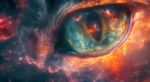 A Cosmic Cat Shaped Galaxy Cloud Looking At The Camera, Red Fire Wormhole Inside The Eye, Center Of The Universe, Wrapped, Gigantism, Giant, Divine, Fantasy, Stargazing, In The Style Of Dark Fire Red 