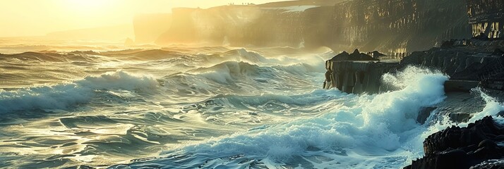 Wall Mural - Panoramic banner of seascape with waves crashing into cliffs on the shore at sunrise.