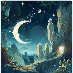 Wall Mural - midnight magical moonlight lunar constellation astronomy moon fantasy halloween star valley fog full du