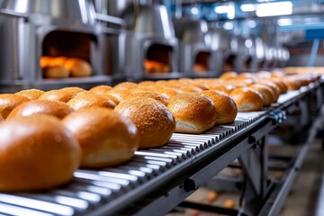 Wall Mural - Freshly baked bread on a conveyor belt