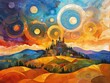 A fantasy landscape painting, featuring an enchanting city nestled amidst rolling hills and mountains under a sky painted with hues of orange, blue, purple, yellow, green, and white. 